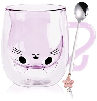 svpfuo Tasse Chat Tasse Double Paroi, Mug Chat Rose Avec Cuillère À Mélanger, Tasse a Cafe Double Paroi, 280 Ml, Femme Cadeau, Convient pour les Cappuccinos, les Latte Macchiatos, les Thés