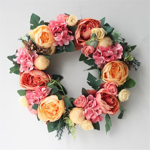 40 cm Türkranz Frühling, Künstlicher Pfingstrosenkranz, Dekorative Kränze, Wandkranz, für Frühlings-Sommer-Osterdekoration, Zuhause, Parties, Türen, Hochzeiten (Vintage Gelb)