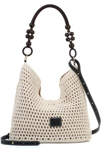 BWBIKE Damen Boho Straw Beach Bag - Gehäkelte Baumwoll-Strick-Tragetasche mit 2 abnehmbaren Trägern, Sommer-Umhängetasche und Crossbody-Geldbörse für Reisen und Urlaub, Schwarz