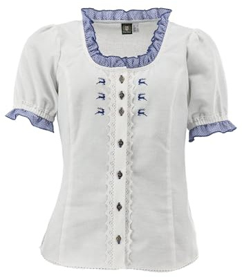 OS Trachten Damen Bluse Kurzarm Trachtenbluse mit Rundhalsausschnitt Fluspi