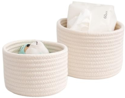 Blausky 2 STK S 14x9cm Rund Aufbewahrungskorb Geflochten,Körbchen Regalkörbe Korb aus Baumwollseil für Bad Regal Wohnzimmer,Mehrzweck Baumwollkorb Organizer Körbe für Kosmetik,Weiß