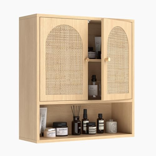 Bonnlo Oak Bathroom Wall Cabinet, Wooden Storage Cupboard with 2 Rattan Doors and Open Shelf, Bamboo Wall Mounted Medicine Cabinet for Living Room, Kitchen, Entryway