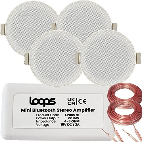 Bluetooth Ceiling Music Kit - Mini Amplifier & 4x Low Profile Ceiling Speakers - Stereo HiFi Wireless Background Sound System – Café, Restaurant, Home Cinema, Pub, Shop