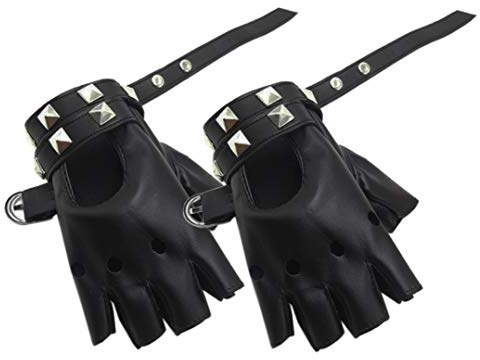 iwobi Punk Handschuhe aus Leder, Damen, halber Finger, Winter, Punk, Nieten, Schwarz, M