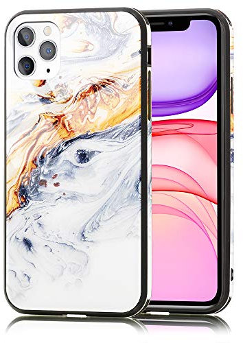 NALIA Hartglas Cover kompatibel mit iPhone 11 Pro Max Hülle, Marmor Design Hard-Case aus 9H Tempered Glass & Silikon Bumper, Kratzfeste Handyhülle Phone Schutzhülle Handy-Tasche, Farbe:Gold Grau