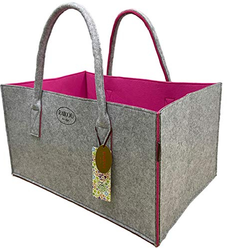RAIKOU NEU Filztasche Shopper Holzkorb Einkaufstasche Henkeltasche Zeitungskorb Stabile Kaminholztasche Zeitungsständer auch für Spielzeug Garten Picknick Strand (Grau/Berry,50 * 34 * 27cm)