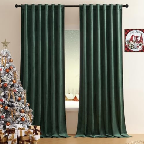 Timeper Green Velvet Curtains 108 inches Long, Thick Fabric Blackout Velvet Curtains for Living Room Sliding Door, W52 x L108, 2 Panels