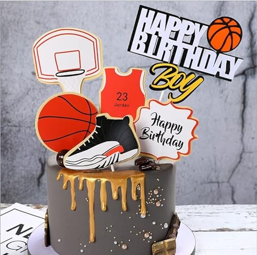 Geburtstag Tortendeko 6 Stück Set,Cake Topper, Geburtstagstorte Dekoration für Jungen, Basketball Kreatives Design Kuchendeko(Happy Birthday)