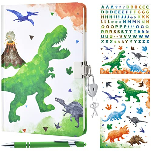 WERNNSAI Ensemble de Journal de Dinosaure Aquarelle - Cahier Lumineux pour Garçons Enfants École Privé Couverture Rigide Écriture Bloc Notes Stylo à Bille Autocollants Avec Serrure et Clés