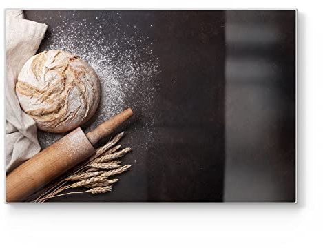 DEQORI Schneidebrett aus Glas | groß 30x20 cm | Motiv Brot mit Nudelholz | Design Schneideplatte für Küche | Frühstücksbrett antibakteriell & rutschfest | Glasplatte & Servierplatte