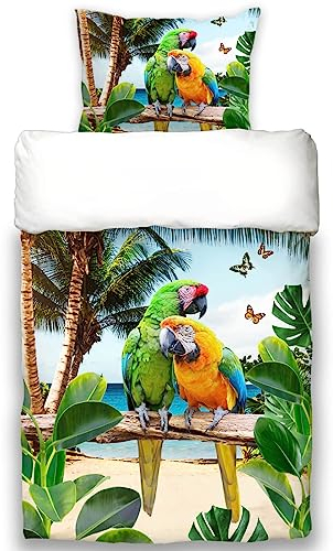 ESPiCO Schwanberg Bettwäsche Paradise Island Papageien Palmen Schmetterlinge Meer Strand Vögel Wendedesign Renforcé, Größe:135 cm x 200 cm