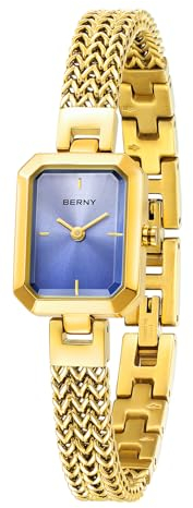 BERNY Gold Uhr Für Frauen Zierliche Quarz-Armbanduhr Damen Rechteck Mini Armbanduhren Kleine Mode 3ATM Wasserdicht Alle Edelstahl Abnehmbares Uhrenarmband