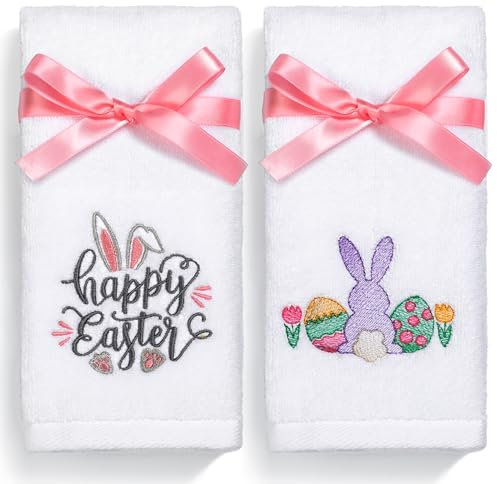 NEWLIGHTURE Oster-Handtücher, 100 % Baumwolle, bestickt, Happy Easter, dekoratives Geschirrtücher-Set, Geschenk-Set, 2 Stück, 35,6 x 73,7 cm