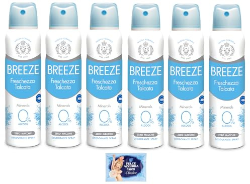 6 x BREEZE Deospray Frische Talka Minerals, keine Flecken auf der Haut, 0% Aluminiumsalze 150 ml + 1 Beutel Talkum Felce Azzurra 100 g