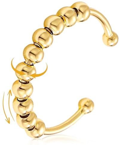 S925 Silber Anti-Stress Ring Verstellbar, Anxiety Ring Mit Perlen, Antistress Linderung Von Angst Fidget Offene Stressringe Angstring Schmuck Für Frauen Damen (Gold 2)