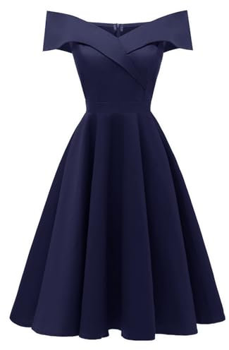 Audrey Hepburn Women's 1950s Cocktail Dress - Elegant Off Shoulder Swing Flowy Tea Dress - Vintage Rockabilly 50s 60s Dance Gown - Navy