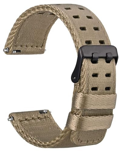 WOCCI 20mm Nylon Uhrenarmband für Herren, Seidiges Nylon mit Doppellöchern, Schwarze Schnalle (Khaki)