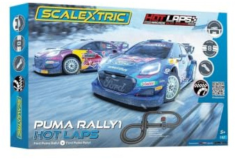 Scalextric C1452P 1:32 Ford Puma WRC Hot Laps 532cm - 5,3m Streckenlänge, mit 2 Handreglern, Rennstrecken-Set, Slotcar, Rennbahn,2 Autos, Blau-weiß