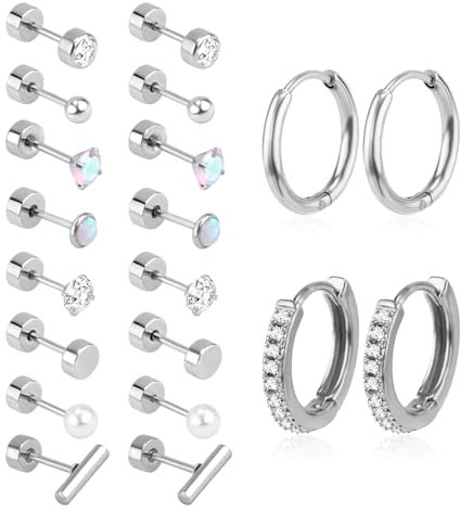 10 Pairs Stainless Steel Tiny Stud Earrings, Silver Flatback Stud Cartilage Earrings Cubic Zirconia Studs Hoop Earrings Screw Flat Back Earring Sets for Cartilage Helix Lobes Women