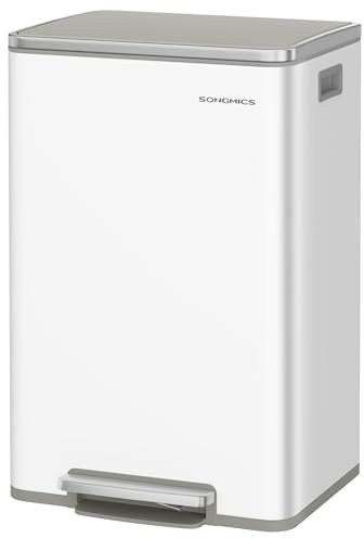 SONGMICS Kitchen Bin 50 L, with 15 Bin Bags, Stainless Steel, Removable Plastic Inner Bucket, with Lid, Handles, Soft Close, Cloud White LTB595W01