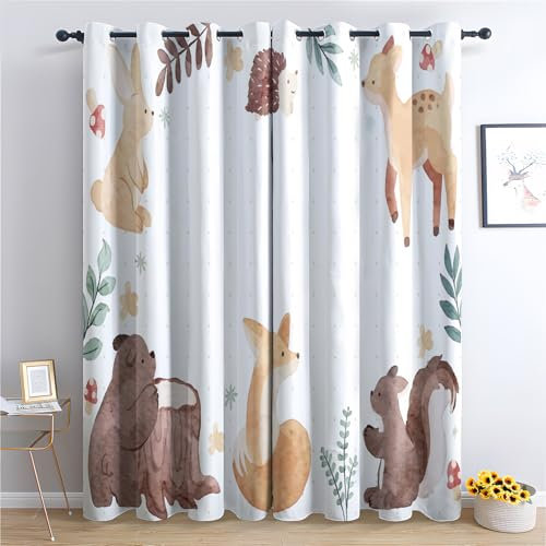 Cartoon Kinder Vorhang, Wohnzimmer Schlafzimmer Blickdichte Vorhänge, Süße Waldtiere Gardinen, mit Ösen Verdunkelungsvorhang, Vorhänge 2er Set, 300x280 cm kvl&X-71