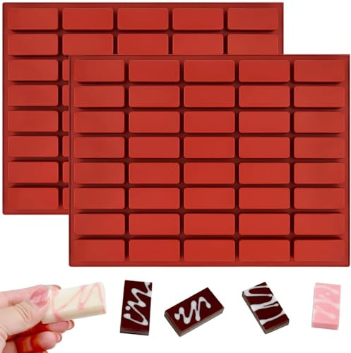 YXHZVON 2 Stück Rechteckige Silikonform, 40 Kavitäten Schokolade Riegelform,Antihaft, BPA-frei Müsliriegel Backform für Müsliriegel, Gummi, Trüffel, Gelee, Praline, Eiswürfel(Ziegelrot)