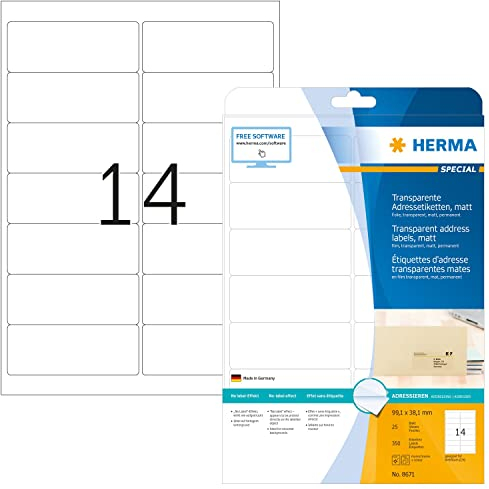 HERMA 8671 Wetterfeste Folienetiketten transparent, 25 Blatt, 99,1 x 38,1 mm, 14 pro A4 Bogen, 350 Stück, selbstklebend, bedruckbar, matt, blanko Klebeetiketten Aufkleber aus Folie, durchsichtig