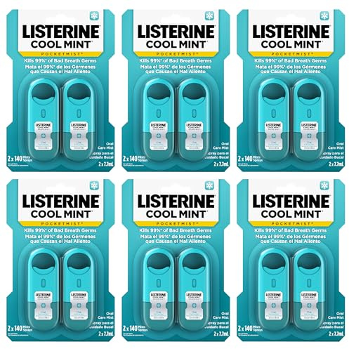 Listerine Cool Mint Pocketmist, Oral Care Mist for Fresh Breath, Non-Aerosol Sugar-Free Bad Breath Refresher Spray to Kill 99% of Bad Breath Germs, Portable, Cool Mint Flavor, 7.7 mL, 12 Sprays