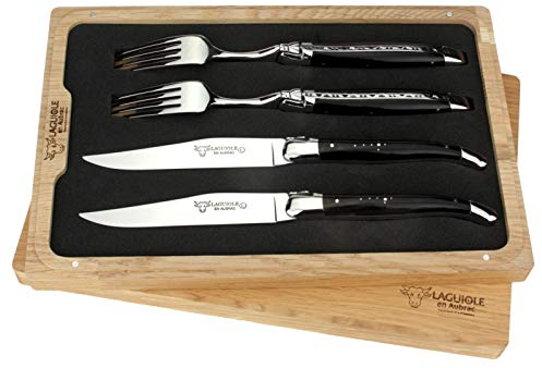 Laguiole en Aubrac - 2 Steakmesser und 2 Gabeln im Set - Griff poliertes Büffelhorn - Original Frankreich mit Zertifikat