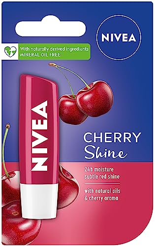 NIVEA Lip Balm Cherry Shine (4.8g), Moisturising Lip Balm Enriched with Natural Oils, Shimmery Lip Gloss for Girls for 24h Hydration, Lip Care with Fruity Cherry Flavour