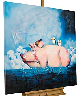 KunstLoft® XXL Gemälde 'A Pig's Life' 100x100cm | original handgemalte Bilder | Schwein im Wasser Blau | Leinwand-Bild Ölgemälde einteilig groß | Modernes Kunst Ölbild