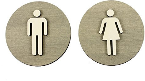 WC Schild Grau Holz Toilettenschild Toilette Türschild Damen Herren Behinderten Piktogramm (Ø 24cm, Damen+Herren)