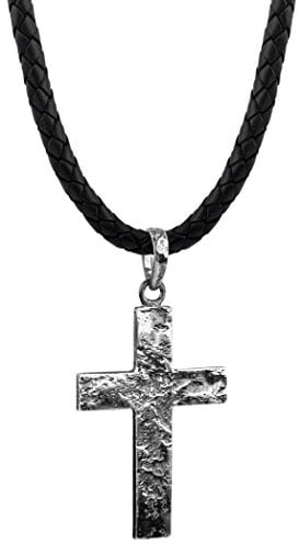 Kuzzoi Männer Lederhalskette mit Kreuz Anhänger aus massiven 925 Sterling Silber, Kette aus geflochtenem Rinderleder in schwarz, Dicke 5,5mm, markante exklusive Herren Ketten mit Anhänger ZOI-001-50