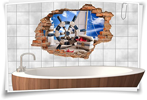 Medianlux Fliesenaufkleber Fliesenbild Wanddurchbruch Aufkleber Sticker Maritim Steuerrad Seestern, 150x100cm, eigene Größe