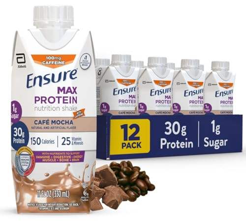 Ensure Max Protein Cafe Mocha Nutrition Shake | 30g Protein, 1g Sugar, 4g Fiber Blend | 12 Pack