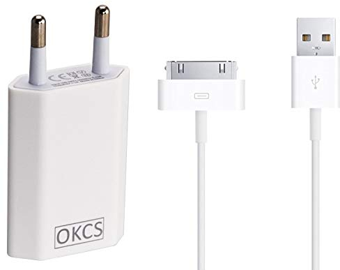 OKCS Ladeset - USB Ladekabel 2 Meter + 1A Netzteil kompatibel für iPhone 4, 4s, iPad 2, 3 & iPod - in der Farbe Weiß