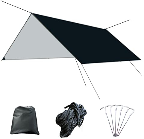 Azarxis Bâche Anti-Pluie Tarp Toile de Tente Imperméable Abri de Randonnée Parasol Portable Auvent Anti UV pour Camping Trekking (02 Noir + Accessoires)