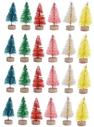 Yalulu 24 Pcs Multicolor Mini Snow Frosted Sisal Tree Miniature Christmas Pine Tabletop Trees Bottle Brush Trees for Christmas Crafting and Party Home Decoration