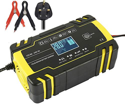 Car Battery Charger 12V/24V Portable Intelligent Automotive Battery Charger and Maintainer 3-Stage Pulse Repair Charger with UK Plug LCD Screen 6 Chargering Mode for Cars Truck Motorcycle Boat