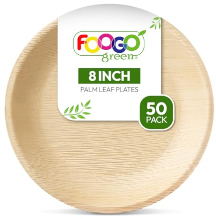 FOOGO Green 50 Disposable Palm Leaf Plates, 8 Medium Round, Eco Friendly Biodegradable Compostable, Like Wooden & Bamboo, For Hot Food & Picnic Parties