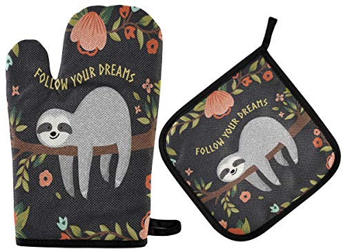 N/E RXYY komisch Faultier Blumen- Blume Baum Ofenhandschuhe Gesteppt Baumwolle Beschichtung Topflappen BBQ Handschuhe-Ofenhandschuhe Hitzebeständig Küche Sicher Matten für Backen Kochen