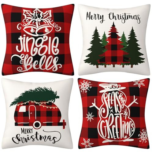 Kissenbezug Weihnachten 45x45,4 Stück Kissenbezug 45x45 Weihnachten,Weihnachtskissen,Weihnachtskissenbezug 45x45,Jaweihnachts Klein Kissenüberzug,Leinen Kissenhülle Weihnachten,Frohe Weihnachten Deko