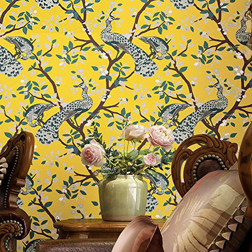 prior.choice 10X0.53M Country Peacock Floral Tree 4 Colors Waterproof Embossed Textured PVC Wallpaper Roll for Bedroom Livingroom 1.73' W x 32.8' L=5.3㎡ (57sq.ft) (Peacock Yellow)