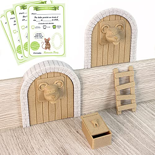 Myfuturshop® Porte magique de La Petite Souris, boîte à dent, échelle, 4 certificats de dent propre et 2 cadres pour choisir la hauteur de la porte. Cadeau original. Marron clair.