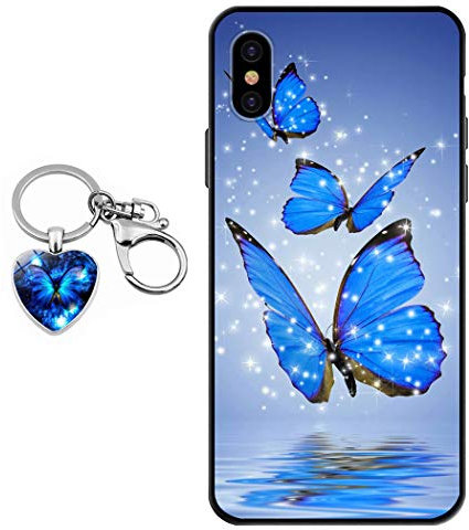 Staremeplz iPhone XS Max Case With Blue Butterfly Design [With Crystal Glass Keychain], Soft Silicone TPU Art Protective Phone Case for iPhone XS Max