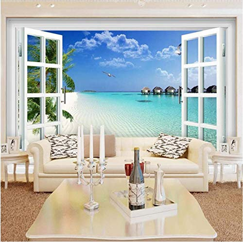 NCTQWET Photo Papier Peint Fenêtres mer paysage 3D Intissé Décoration Murale XXL Poster Trompe l oeil Tableaux Muraux pour Salon Chambre Toile de Fond Mur 250x175cm