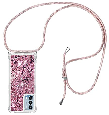 YMCASE Handykette Hülle Kompatibel mit Oppo A54 5G/A74 5G-Quicksand Glitzer Hülle mit Band-Silikon Handyhülle mit Kordel Umhängenband-Schnur mit Treibsand Case zum Umhängen, Rosa