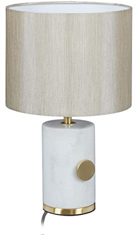 Relaxdays Tischlampe mit Marmorfuß & Stoffschirm, E14-Fassung, dimmbare Nachttischlampe, H x D: 34,5 x 21 cm, weiß/beige