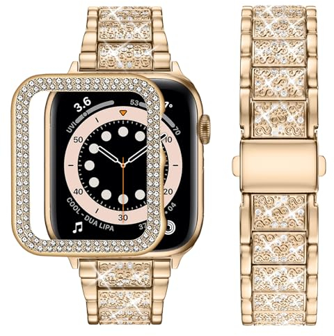 wutwuk Compatible Apple Watch Straps 45mm Women Metal Sparkling iWatch band with Bling Case, Replacement Diamond Rhinestone Glitter Wristband for iWatch Series 9 8 7-Rose Gold 45mm