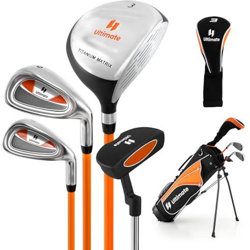 GYMAX Kids Golf Clubs, Junior Golf Set for Right Hand Includes #3 Fairway Wood & #7 & #9 Irons, Putter & Golf Stand Bag, Portable Youth Children Club (for Age 8-10, Yellow)